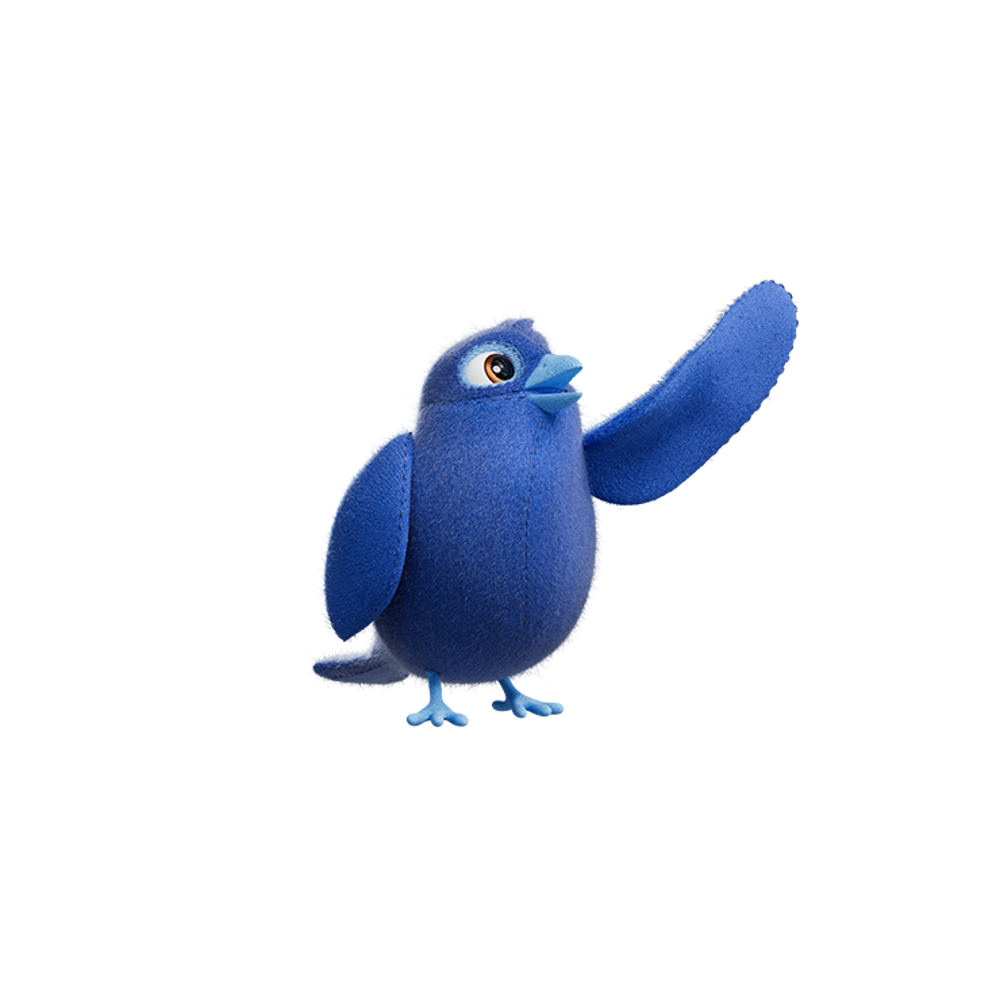 De vogel van Woonnu kijkt naar links, met zijn linkervleugel omhoog en zijn snavel iets open.